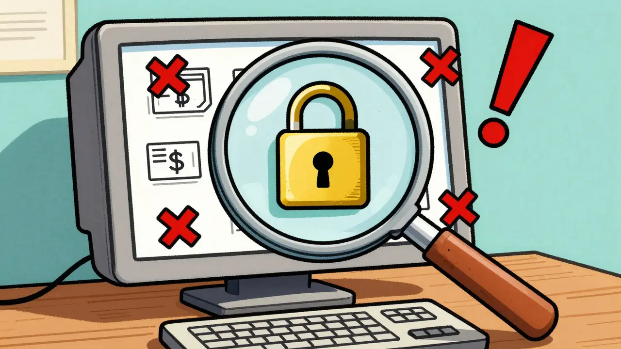 Magnifying glass inspecting a secure website with a padlock and warning signs in vintage cartoon style.