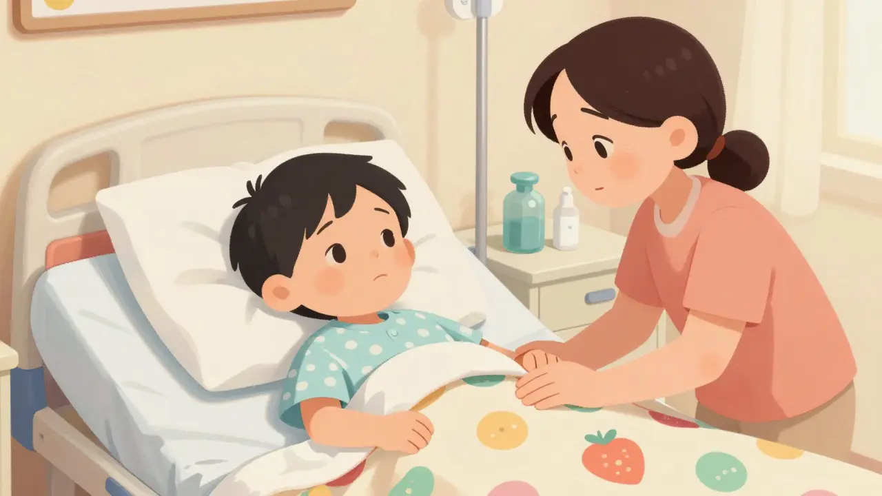 Parent comforting a waking child in a recovery room with a favorite blanket