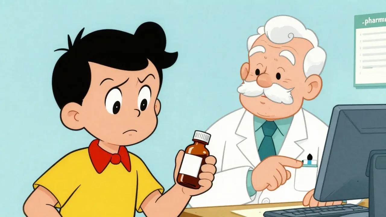 Person consulting a professional pharmacist about suspicious medication in vintage cartoon style.
