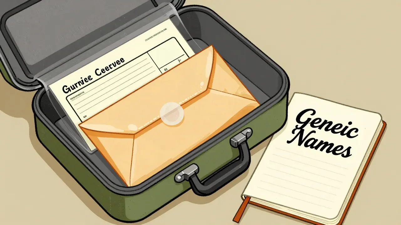 Vintage cartoon of a locking travel organizer with a laminated prescription and envelope.