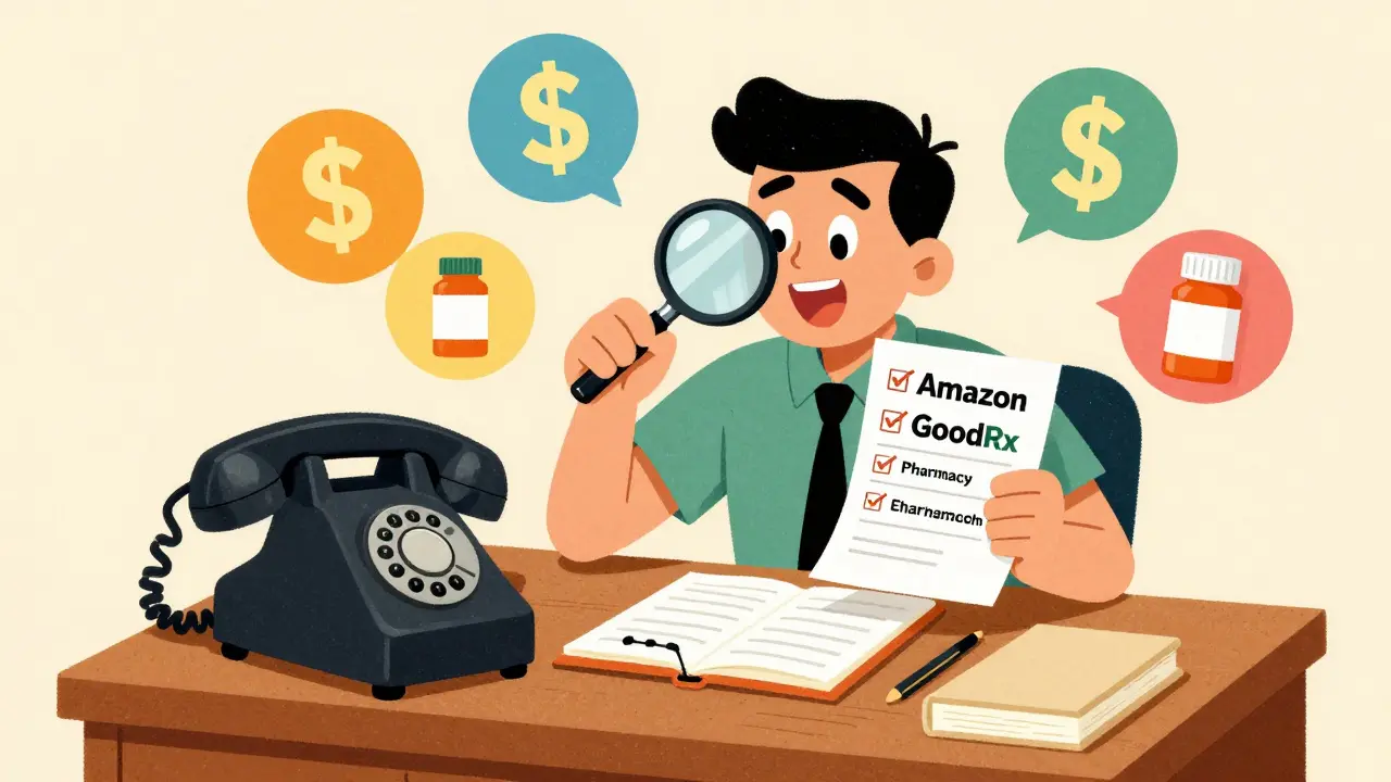 Vintage cartoon of a person researching the cheapest online pharmacies for medication.