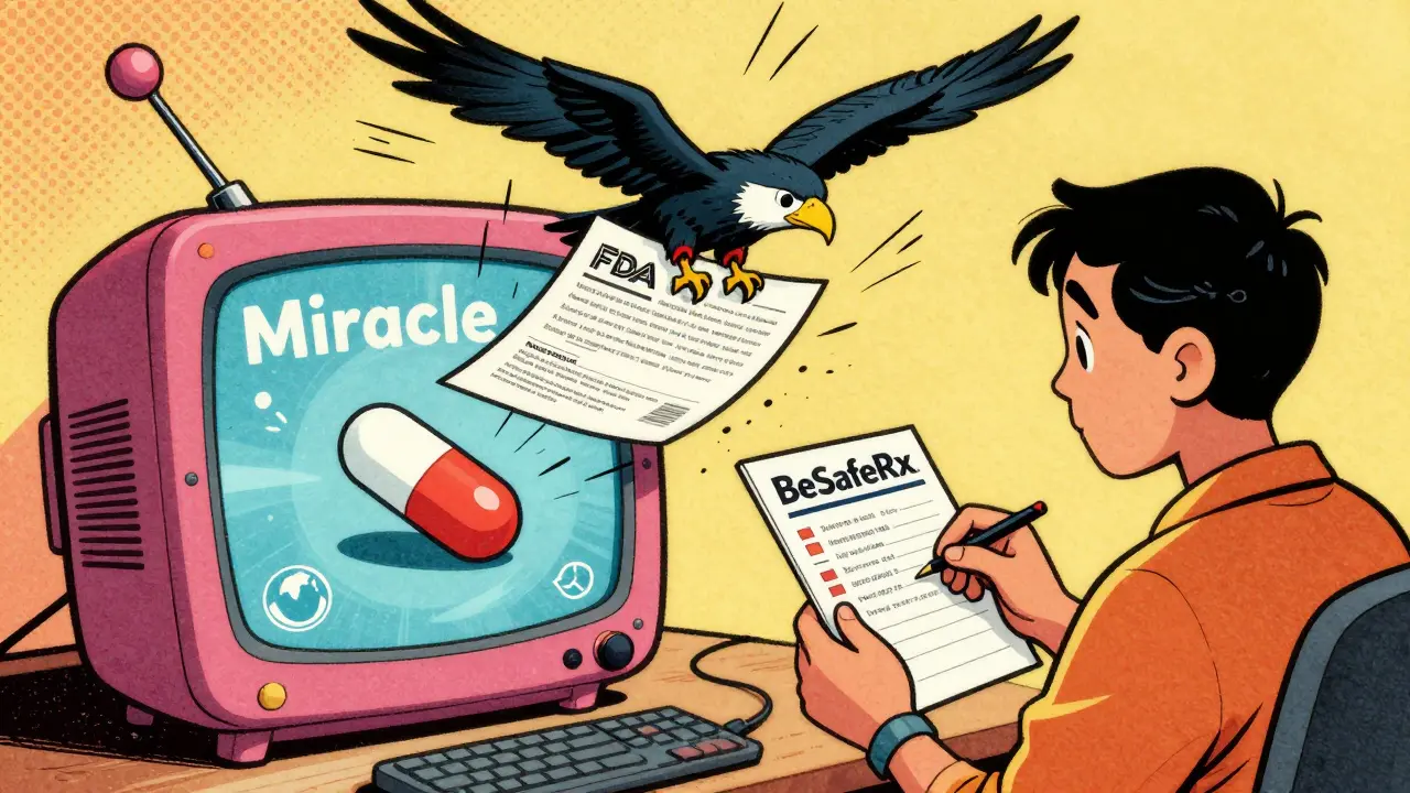 Vintage cartoon of an FDA warning letter stopping a misleading social media ad for drugs.