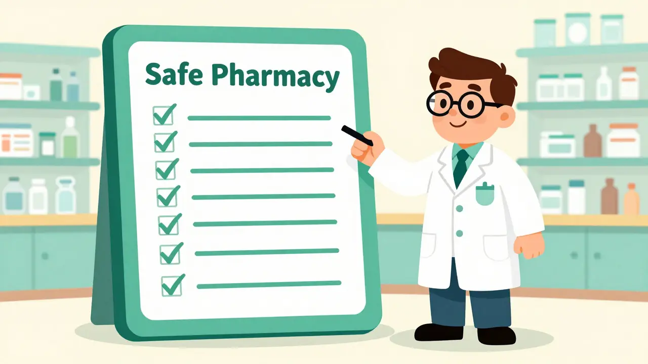 Vintage cartoon showing a professional pharmacist and a checklist for safe online pharmacies.