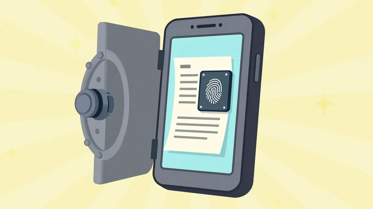 Vintage cartoon showing a smartphone as a secure steel vault protecting a prescription.