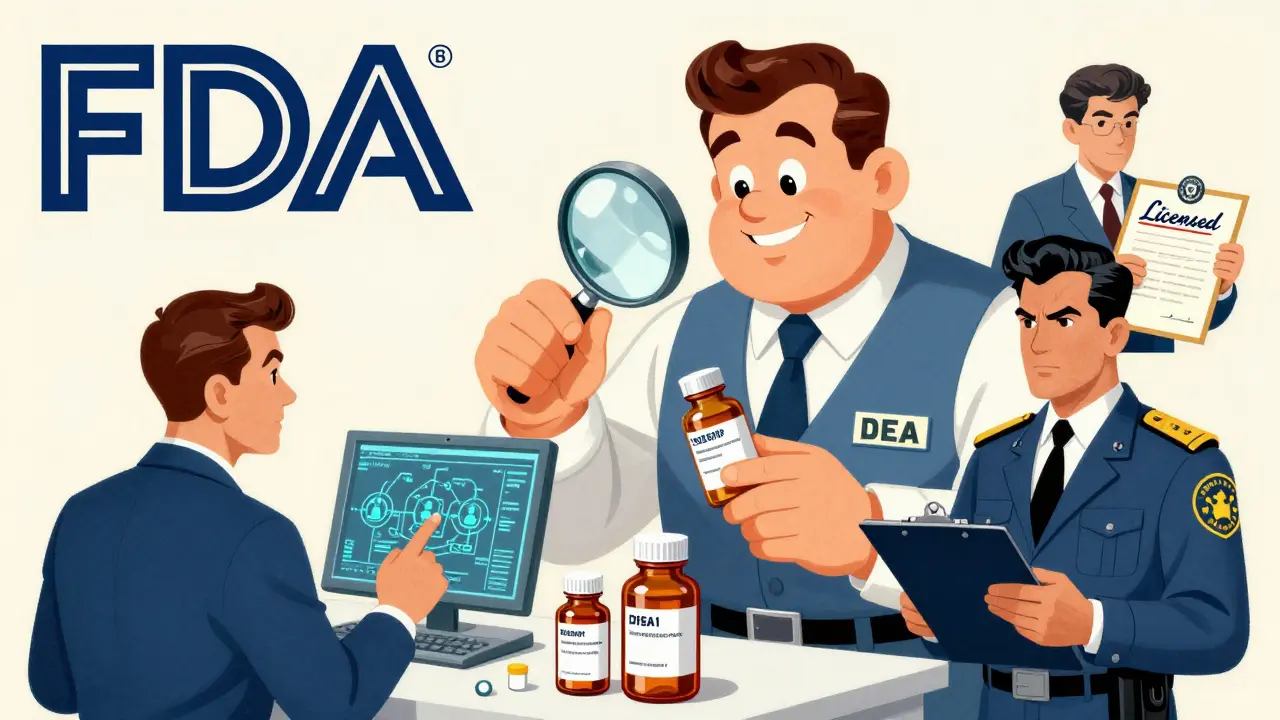 Vintage illustration of FDA, DEA, and state officials overseeing medication safety and licensing.