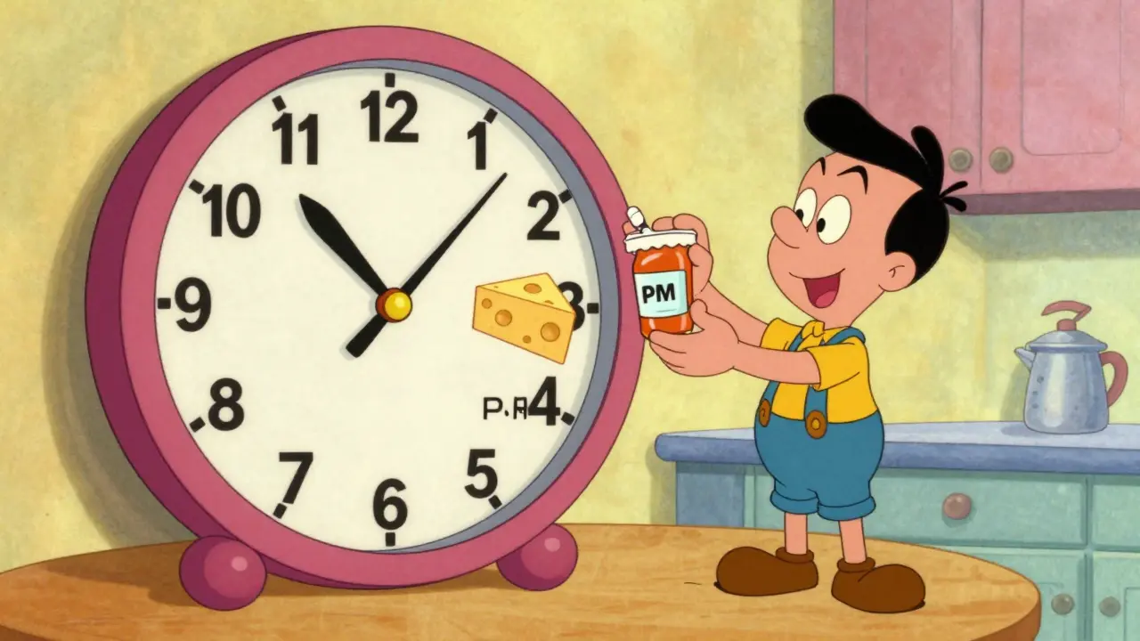 Vintage style drawing of a person scheduling medication and dairy intake using a large clock.